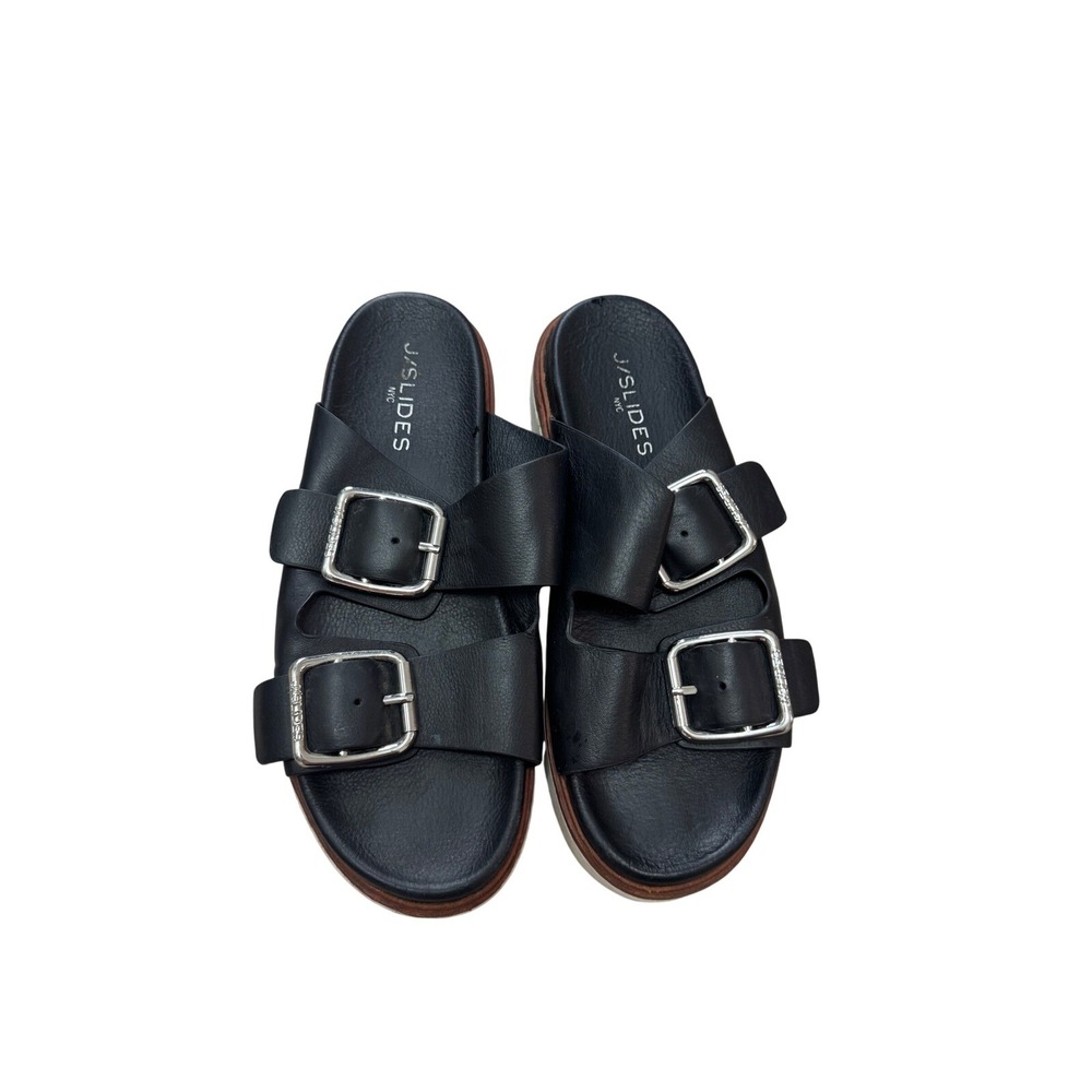 J/Slides NYC Bowie Platform Sandals Buckle Slides Comfortable Black Leather 8.5M - Picture 2 of 5